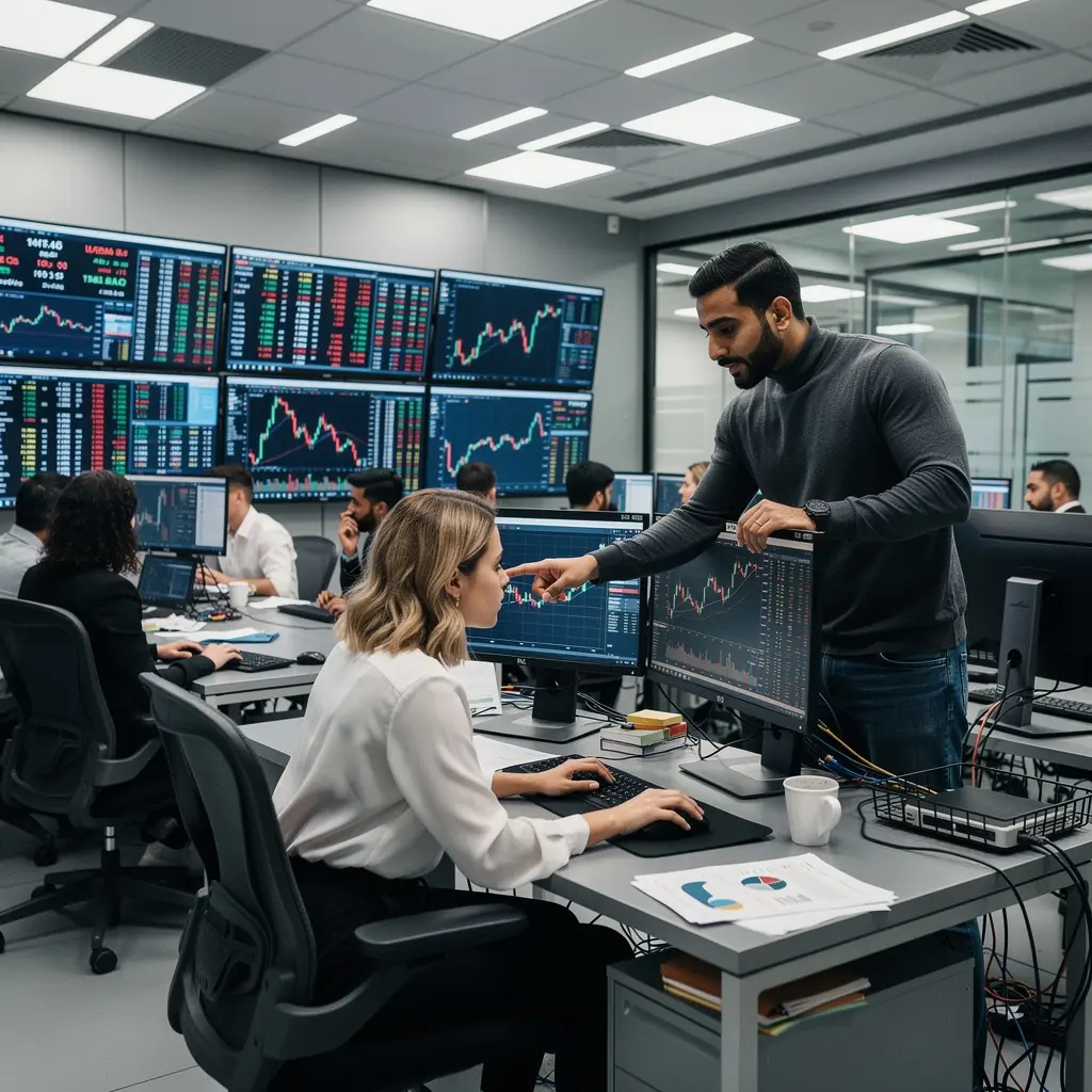 Eine Gruppe von Studenten diskutiert über Krypto-Investitionen in einem Seminarraum.