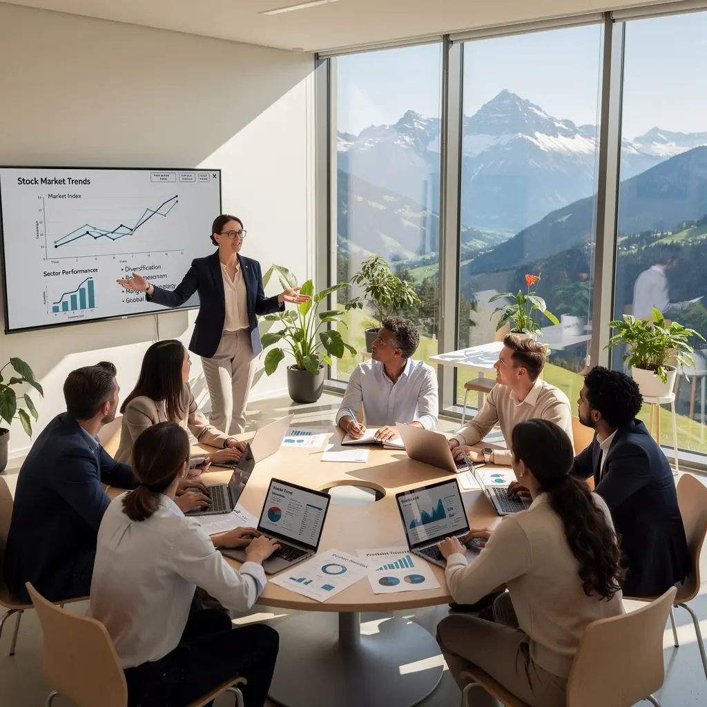Ein Lehrer erklärt den Teilnehmern die Grundlagen des Aktienhandels.