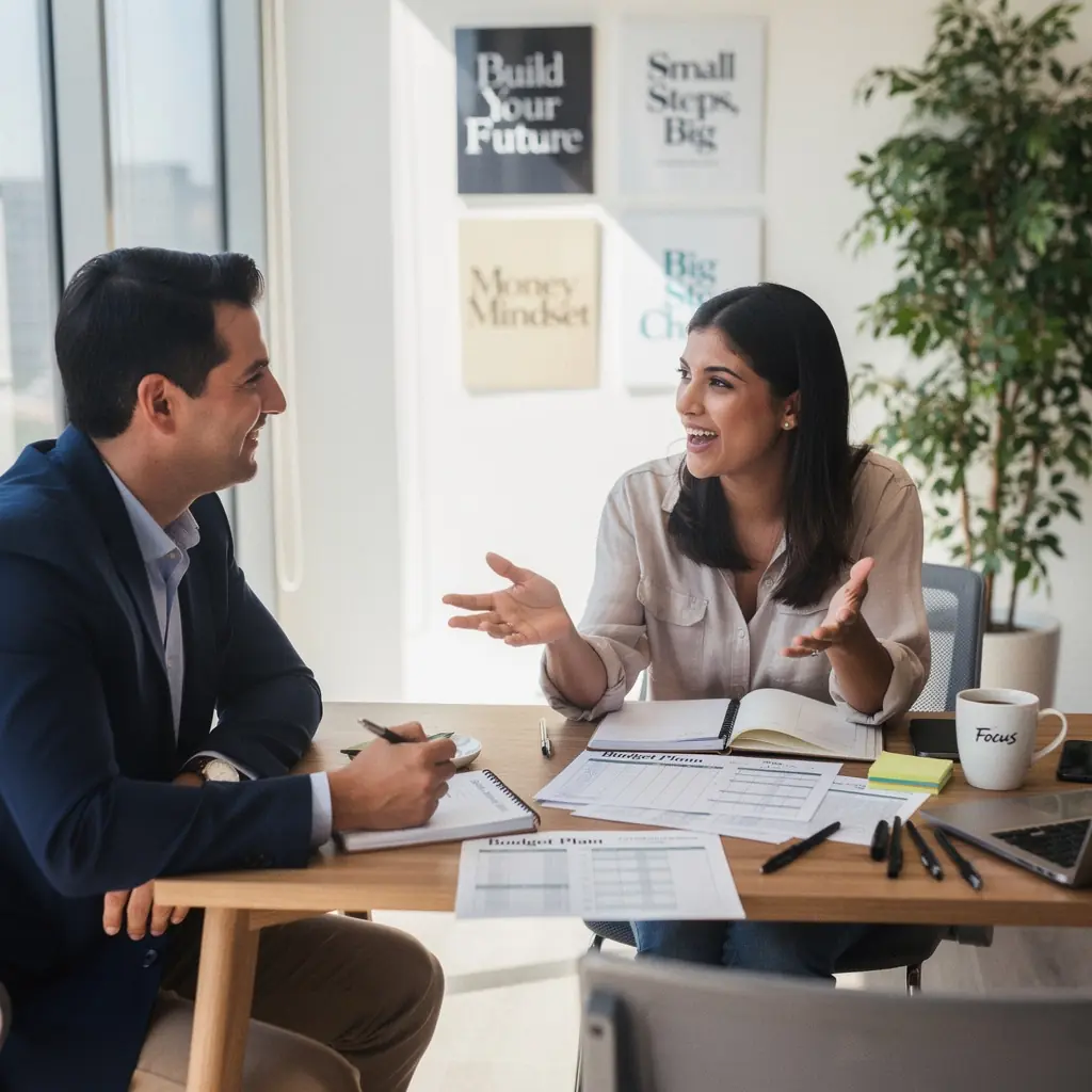 Ein Laptop auf einem Tisch, umgeben von Notizen und einem Kaffeebecher, symbolisiert das Lernen von Finanzstrategien zu Hause.