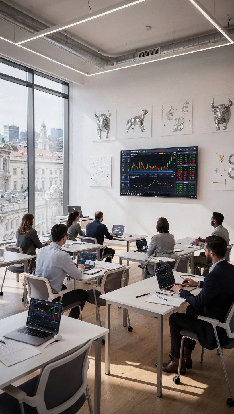 Eine Gruppe von Menschen, die an einem Online-Kurs über Investitionen in Aktien und Kryptowährungen teilnehmen.